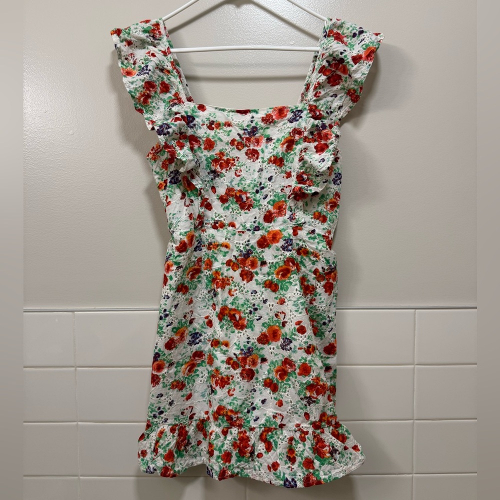 Blue Rain Floral Dress with Ruffles